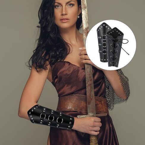 Thinp 2 Pcs Faux Leather Arm Guards, Leather Bracers Adjustable Leathers Gauntlet Wristband Medieval Arm Protector with Belt Buckle Halloween Cosplay Costume Accessory for Men Women (Black) in Saudi Arabia