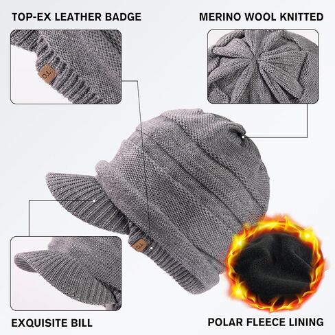 TOP-EX DryKnit™ Winter Waterproof Merino Wool Visor Beanie Hat with Brim for Men Women, Knit Cap Stocking Warm Fleece Lined in Saudi Arabia
