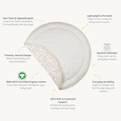 MakeMake Organics Organic Play Mat GOTS Certified Organic Cotton Nursery Floor Machine Washable Reversible Non Toxic Activity Mat Tummy Time Crawling Pad Thick Quilted (Round 48", Dotty + Solid Ivory) in Kuwait