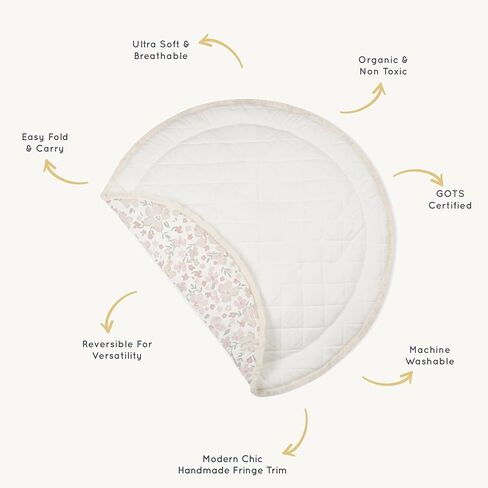 MakeMake Organics Organic Play Mat GOTS Certified Organic Cotton Nursery Floor Machine Washable Reversible Non Toxic Activity Mat Tummy Time Crawling Pad Thick Quilted (Round 48", Dotty + Solid Ivory) in Kuwait