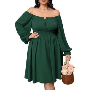 Womens Plus Size Cocktail Dress Fall Off Shoulder Long Sleeve Square Neck Smocked Waist Flowy A Line Short Dress in Kuwait