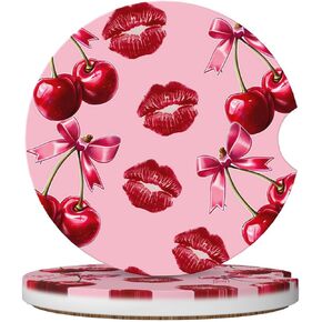 ABLESKY Car Coasters for Cup Holders, 2 Pack Absorbent Anti Slip Car Cup Holder Coasters, 2.56 Inch Ceramic Universal Size Auto Interior Accessories Women Men-Cherry Pink Bow with Red Lips in Saudi Arabia