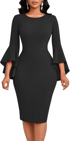 Church Dress for Women Elegant Bodycon Ruffle Bell Sleeves Knee Length Cocktail Party Wedding Work Vintage Pencil Dresses in Saudi Arabia