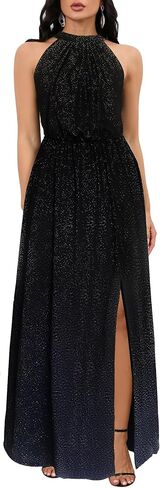 Women's Halter Neck Sparkly Sleeveless Knot with Pockets Elastic Waist Split Front Party Cocktail Evening Maxi Dress in Saudi Arabia
