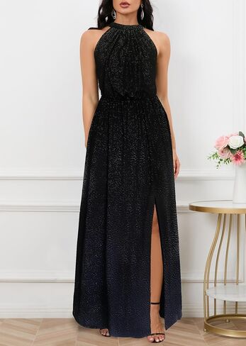 Women's Halter Neck Sparkly Sleeveless Knot with Pockets Elastic Waist Split Front Party Cocktail Evening Maxi Dress in Saudi Arabia