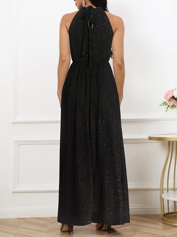 Women's Halter Neck Sparkly Sleeveless Knot with Pockets Elastic Waist Split Front Party Cocktail Evening Maxi Dress in Saudi Arabia