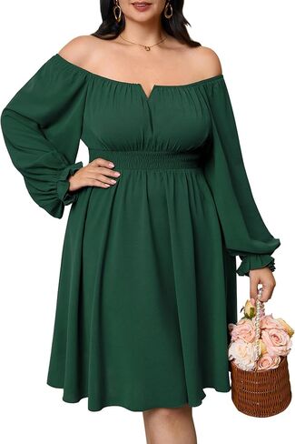 Womens Plus Size Cocktail Dress Fall Off Shoulder Long Sleeve Square Neck Smocked Waist Flowy A Line Short Dress in Kuwait
