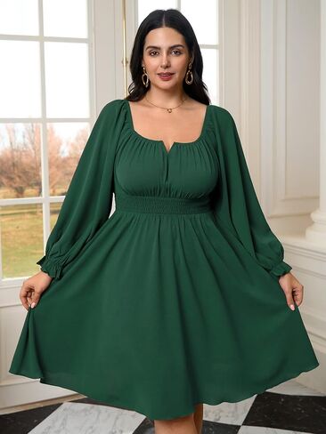 Womens Plus Size Cocktail Dress Fall Off Shoulder Long Sleeve Square Neck Smocked Waist Flowy A Line Short Dress in Kuwait