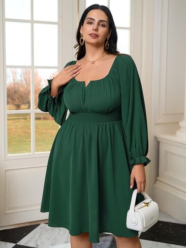 Womens Plus Size Cocktail Dress Fall Off Shoulder Long Sleeve Square Neck Smocked Waist Flowy A Line Short Dress in Kuwait