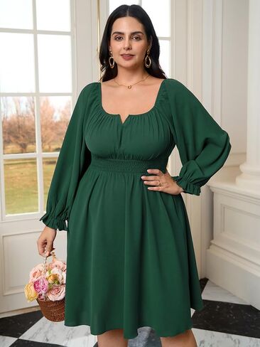 Womens Plus Size Cocktail Dress Fall Off Shoulder Long Sleeve Square Neck Smocked Waist Flowy A Line Short Dress in Kuwait