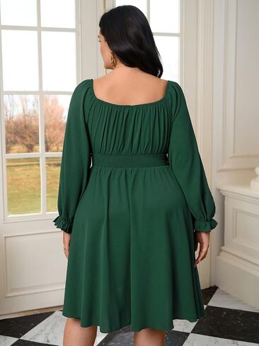 Womens Plus Size Cocktail Dress Fall Off Shoulder Long Sleeve Square Neck Smocked Waist Flowy A Line Short Dress in Kuwait
