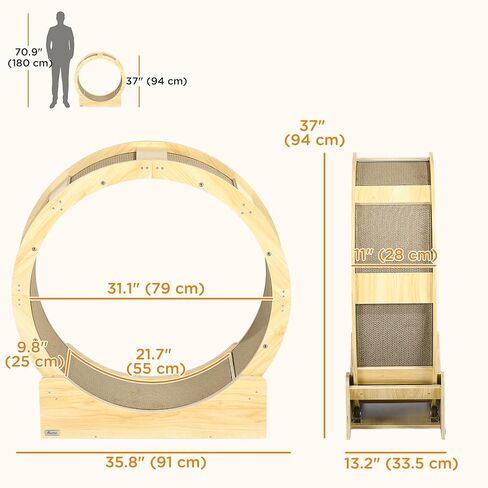 عجلة PawHut للقطط الداخلية، جهاز مشي للقطط مقاس 91.44 سم مع وسادات خدش، عجلة جري لتمارين القطط مع فرامل للصحة واللياقة البدنية، بلوط in Kuwait