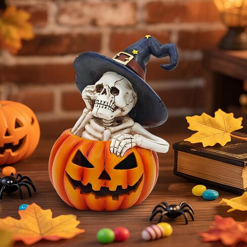 Halloween Cat Decorations in Pumpkin: Indoor Ornament with Witch Hat for Home Office Fireplace Party Ideal Gift for Cat Lovers (Female) in Saudi Arabia