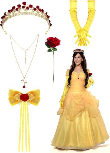 5 Pcs Halloween Rose Princess Costume Accessories Set - Crown, Necklace, Yellow Gloves, Bow Hair Clip, Artificial Rose for Women Halloween Fairy Tale Cosplay or Birthday Party in Saudi Arabia