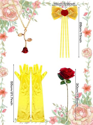5 Pcs Halloween Rose Princess Costume Accessories Set - Crown, Necklace, Yellow Gloves, Bow Hair Clip, Artificial Rose for Women Halloween Fairy Tale Cosplay or Birthday Party in Saudi Arabia