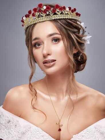 5 Pcs Halloween Rose Princess Costume Accessories Set - Crown, Necklace, Yellow Gloves, Bow Hair Clip, Artificial Rose for Women Halloween Fairy Tale Cosplay or Birthday Party in Saudi Arabia