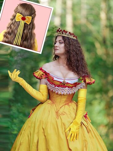 5 Pcs Halloween Rose Princess Costume Accessories Set - Crown, Necklace, Yellow Gloves, Bow Hair Clip, Artificial Rose for Women Halloween Fairy Tale Cosplay or Birthday Party in Saudi Arabia