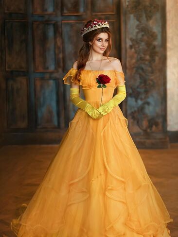 5 Pcs Halloween Rose Princess Costume Accessories Set - Crown, Necklace, Yellow Gloves, Bow Hair Clip, Artificial Rose for Women Halloween Fairy Tale Cosplay or Birthday Party in Saudi Arabia