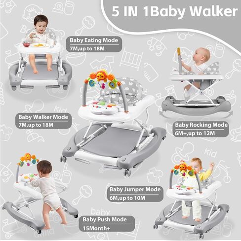 5 in 1 Foldable Baby Walker for Boys Girls Infant 6-12 Months | Walkers for Babies with Bouncer, Rocker, Feeding Tray, Music, Adjustable Heights & Wheels, Seat Activity Walker in Saudi Arabia