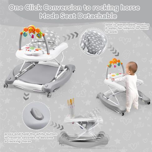 5 in 1 Foldable Baby Walker for Boys Girls Infant 6-12 Months | Walkers for Babies with Bouncer, Rocker, Feeding Tray, Music, Adjustable Heights & Wheels, Seat Activity Walker in Saudi Arabia