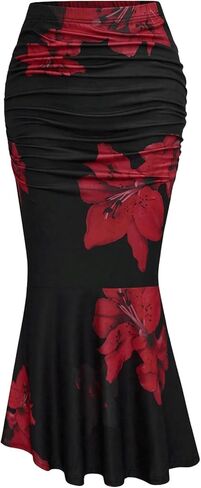 Floerns Women's Plus Size Floral Print High Waisted Ruched Fishtail Hem Midi Skirt in Saudi Arabia