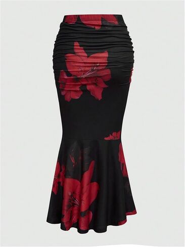 Floerns Women's Plus Size Floral Print High Waisted Ruched Fishtail Hem Midi Skirt in Saudi Arabia