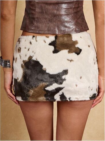 MakeMeChic Women's Faux Fur Cow Print Mini Skirt Fuzzy Low Waist Party Western Skirts in Saudi Arabia