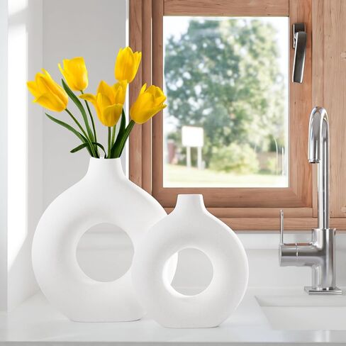 مزهريات سيراميك بيضاء للديكور، مجموعة مزهريات سيراميك لديكور المنزل مكونة من 2، مزهريات لتزيين غرفة الشمال، مزهرية زخرفية بسيطة لطاولة مركزية لحفلات الزفاف وغرفة المعيشة والمكتب وديكور المنزل in Kuwait