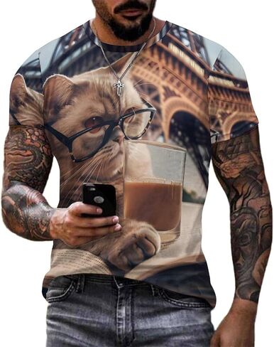 Funny Cat Drinking Coffee Men's T-Shirts Short Sleeve Tee Hawaiian Shirt Summer Tops Casual Workout Shirts in Saudi Arabia