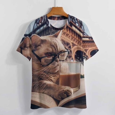 Funny Cat Drinking Coffee Men's T-Shirts Short Sleeve Tee Hawaiian Shirt Summer Tops Casual Workout Shirts in Saudi Arabia