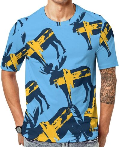 Swedish Flag And Moose Men's T-Shirts Short Sleeve Tee Hawaiian Shirt Summer Tops Casual Workout Shirts in Saudi Arabia