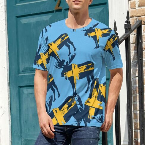 Swedish Flag And Moose Men's T-Shirts Short Sleeve Tee Hawaiian Shirt Summer Tops Casual Workout Shirts in Saudi Arabia
