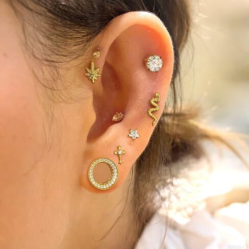 1PC ASTM F136 Titanium Threadless Pentagram Elements Tops Piercing studs for Conch,Tragus,Helix,Lobe Come With 4PCS Different Lengths Post F136 Titanium 16G 18G 20G Flatback earring nose Jewelry Gold Silver in Kuwait