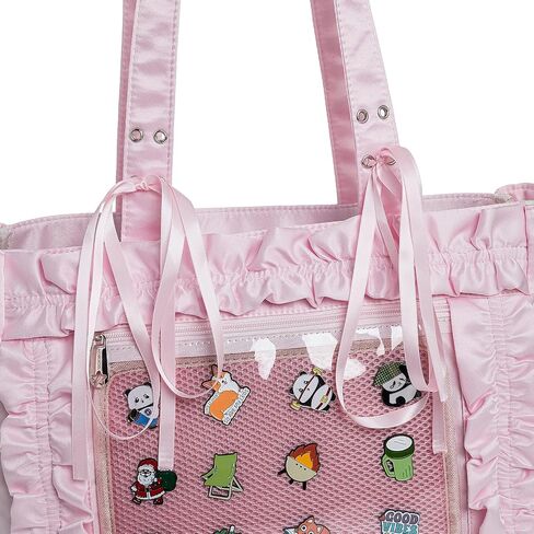 Womens Girls Tote Ita Bag Bowknot Wrinkled Edge Shoulder Bag Kawaii Purses and Handbags with Pin Display in Kuwait