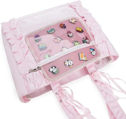 Womens Girls Tote Ita Bag Bowknot Wrinkled Edge Shoulder Bag Kawaii Purses and Handbags with Pin Display in Kuwait