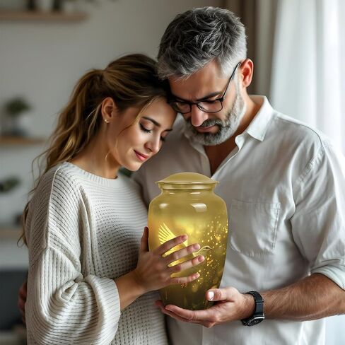 جرار الحمامة للرماد البشري - الجرار الكبيرة للرماد البشري للإناث البالغات باللون الأصفر - جرة حرق الجثث مع الحمام - جرة مزخرفة للأم والأب - حامل الرماد - 10 بوصات - عبوة من 1 (مع حقيبة مخملية) in Saudi Arabia