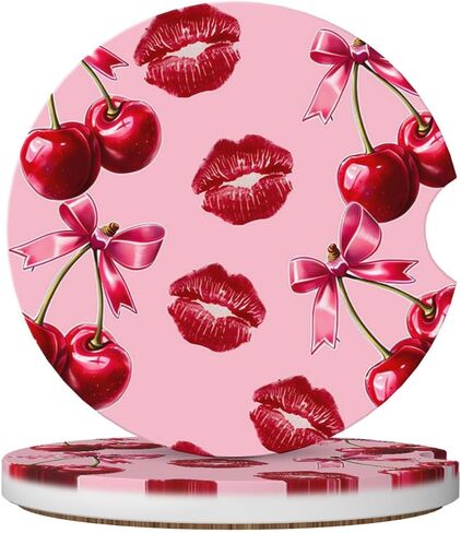 ABLESKY Car Coasters for Cup Holders, 2 Pack Absorbent Anti Slip Car Cup Holder Coasters, 2.56 Inch Ceramic Universal Size Auto Interior Accessories Women Men-Cherry Pink Bow with Red Lips in Saudi Arabia