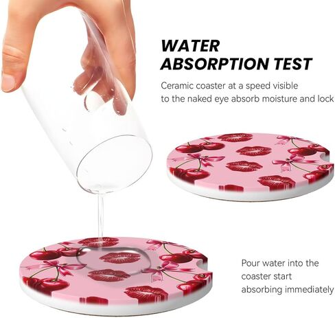 ABLESKY Car Coasters for Cup Holders, 2 Pack Absorbent Anti Slip Car Cup Holder Coasters, 2.56 Inch Ceramic Universal Size Auto Interior Accessories Women Men-Cherry Pink Bow with Red Lips in Saudi Arabia