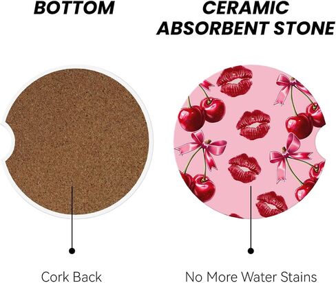 ABLESKY Car Coasters for Cup Holders, 2 Pack Absorbent Anti Slip Car Cup Holder Coasters, 2.56 Inch Ceramic Universal Size Auto Interior Accessories Women Men-Cherry Pink Bow with Red Lips in Saudi Arabia