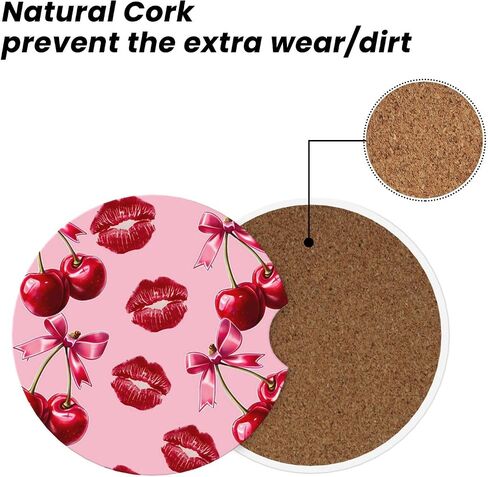 ABLESKY Car Coasters for Cup Holders, 2 Pack Absorbent Anti Slip Car Cup Holder Coasters, 2.56 Inch Ceramic Universal Size Auto Interior Accessories Women Men-Cherry Pink Bow with Red Lips in Saudi Arabia