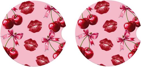 ABLESKY Car Coasters for Cup Holders, 2 Pack Absorbent Anti Slip Car Cup Holder Coasters, 2.56 Inch Ceramic Universal Size Auto Interior Accessories Women Men-Cherry Pink Bow with Red Lips in Saudi Arabia