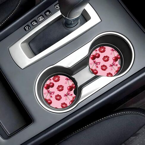ABLESKY Car Coasters for Cup Holders, 2 Pack Absorbent Anti Slip Car Cup Holder Coasters, 2.56 Inch Ceramic Universal Size Auto Interior Accessories Women Men-Cherry Pink Bow with Red Lips in Saudi Arabia