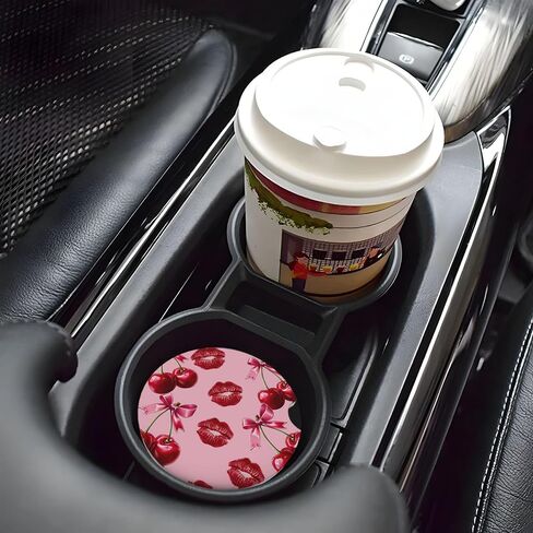 ABLESKY Car Coasters for Cup Holders, 2 Pack Absorbent Anti Slip Car Cup Holder Coasters, 2.56 Inch Ceramic Universal Size Auto Interior Accessories Women Men-Cherry Pink Bow with Red Lips in Saudi Arabia