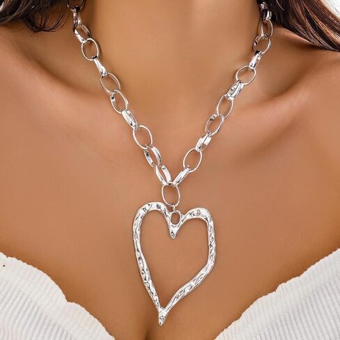 Chunky Gold Necklace Big Heart Statement Necklace for Women Y2K Thick Chain Large Heart Pendant Necklace Pearl Choker Love Heart Charm Necklace Chunky Jewelry in Saudi Arabia