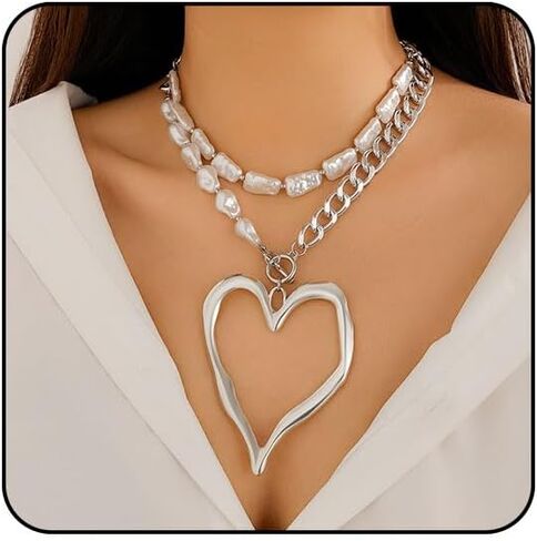 Chunky Gold Necklace Big Heart Statement Necklace for Women Y2K Thick Chain Large Heart Pendant Necklace Pearl Choker Love Heart Charm Necklace Chunky Jewelry in Saudi Arabia