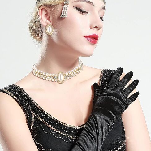 Flyonce 1920s لؤلؤة المختنق قلادة خمر غاتسبي حجر الراين مقلد اللؤلؤ لذيذ القلائد القصيرة مسمار / كليب على الأقراط سوار الزعنفة زي مجوهرات لحفل زفاف الهالوين in Saudi Arabia