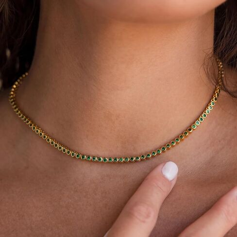 CAITLYNMINIMALIST 18K Gold Plated Sterling Silver Bezel Tennis CZ Gemstone Round Circle Cut Crystal Layering Choker Necklace Gift for Women in Saudi Arabia
