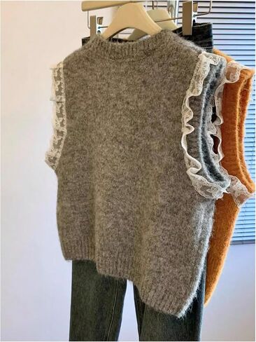 GORGLITTER Women's Lace Sweater Vest Lightweight Crew Neck Sleeveless Y2k Pullover Tank Tops in Saudi Arabia