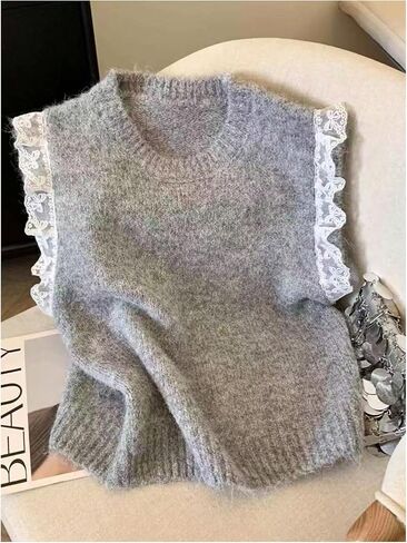 GORGLITTER Women's Lace Sweater Vest Lightweight Crew Neck Sleeveless Y2k Pullover Tank Tops in Saudi Arabia