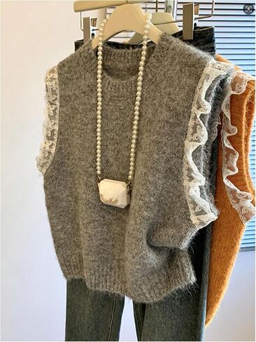 GORGLITTER Women's Lace Sweater Vest Lightweight Crew Neck Sleeveless Y2k Pullover Tank Tops in Saudi Arabia